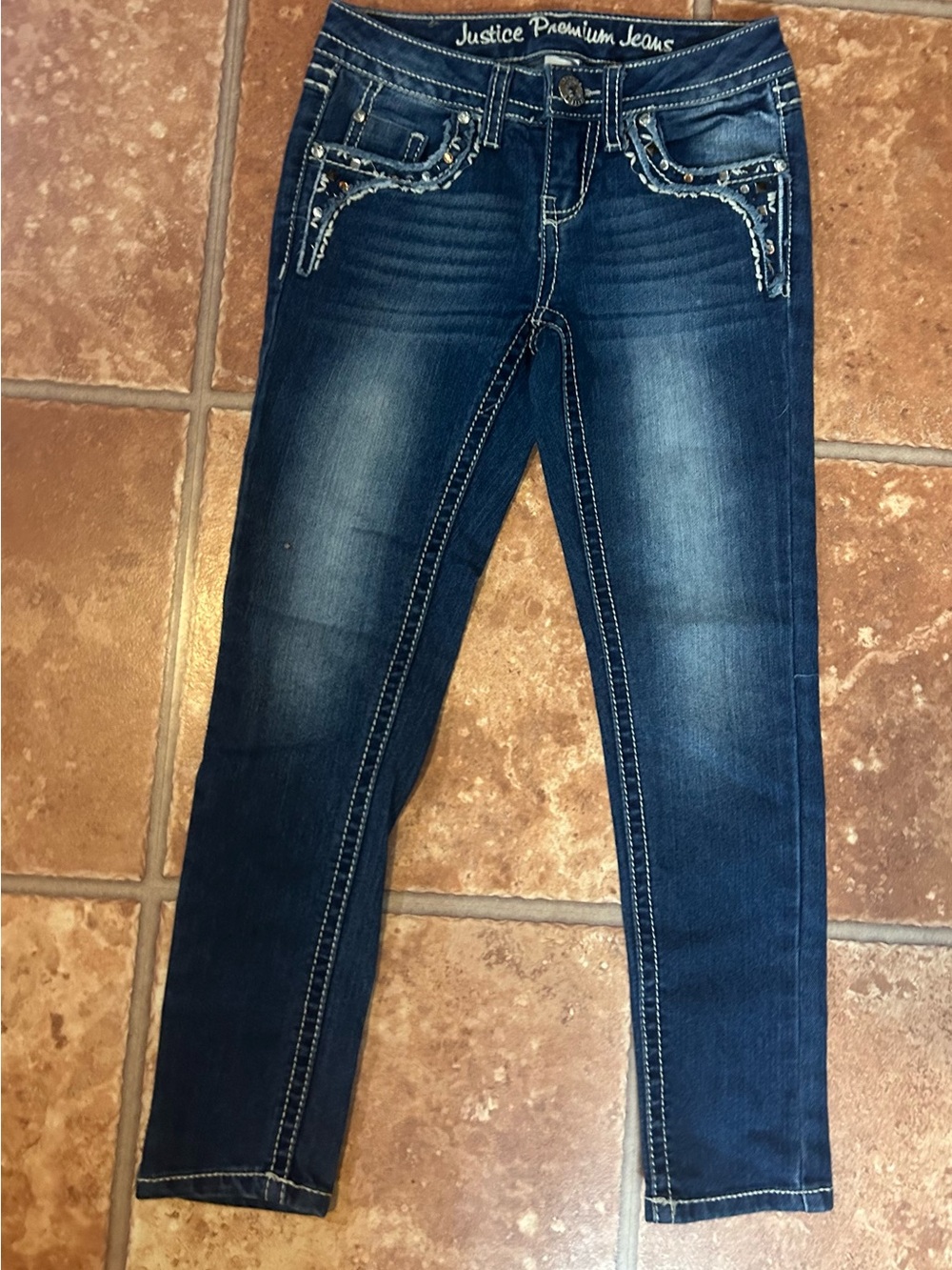 Justice Dark Blue Skinny Jeans with Embellished Pockets 7R